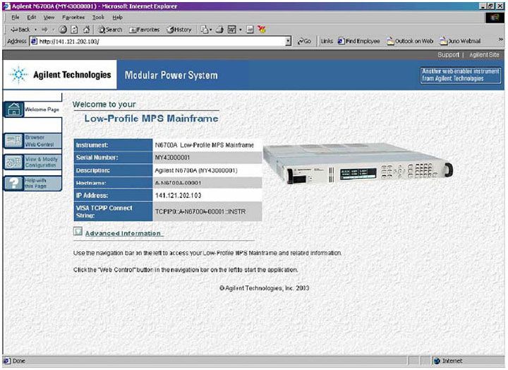 пример домашней страницы модульного источника питания Agilent N6700B с ключевой информацией