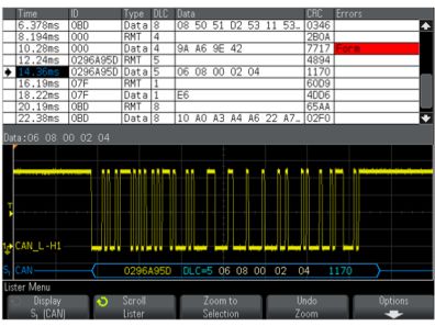 Увеличить в новом окне CAN Protocol Decode performed by InfiniiVision oscilloscope